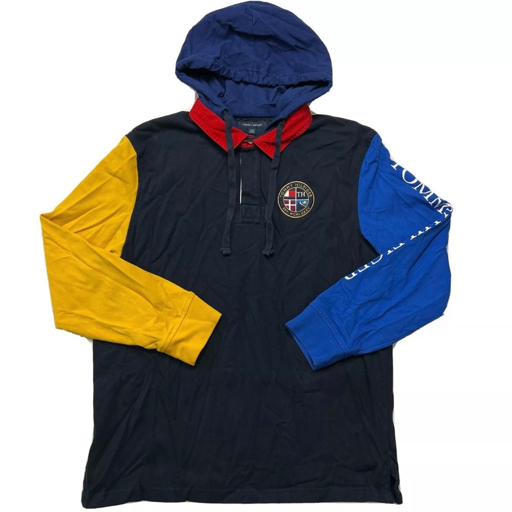 RARE 90s Vintage Tommy Hilfiger Color Block Rugby Polo Hoodie Size XL